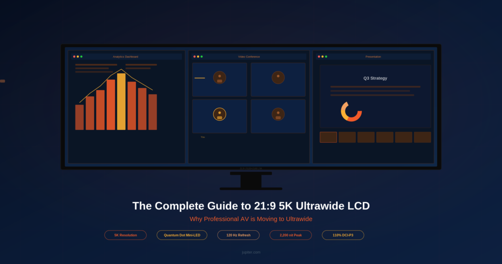 Complete guide to 21:9 5K ultrawide LCD for professional AV - featured image showing ultrawide display with three-app workspace