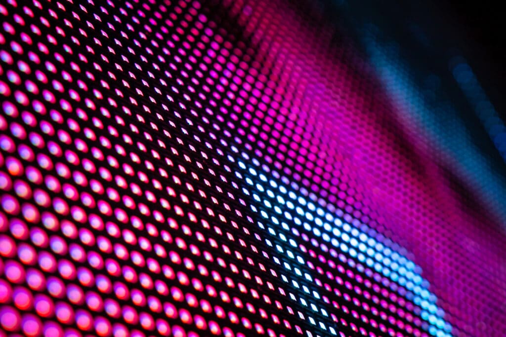 Close-up of MicroLED display RGB pixels showing the self-emissive LED technology used in professional video walls