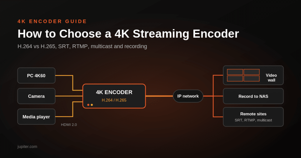 Diagram of a 4K encoder taking HDMI 2.0 sources and streaming them over an IP network to a video wall, NAS recording and remote sites